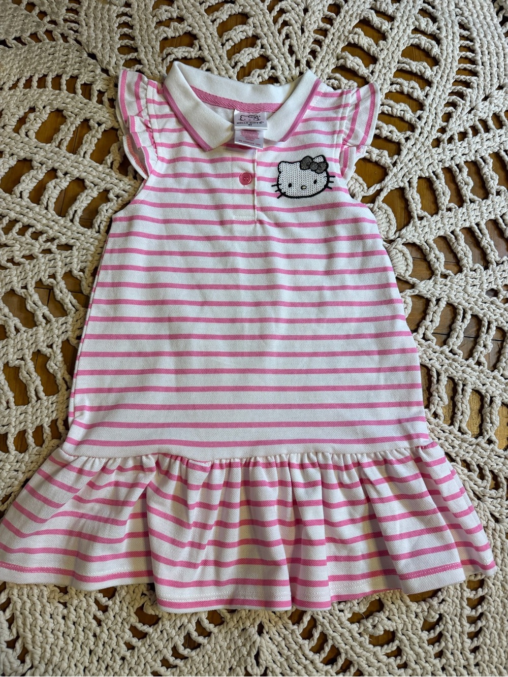 Hello Kitty Girls 4T Pink White Striped Polo Dress Sequin Ruffle